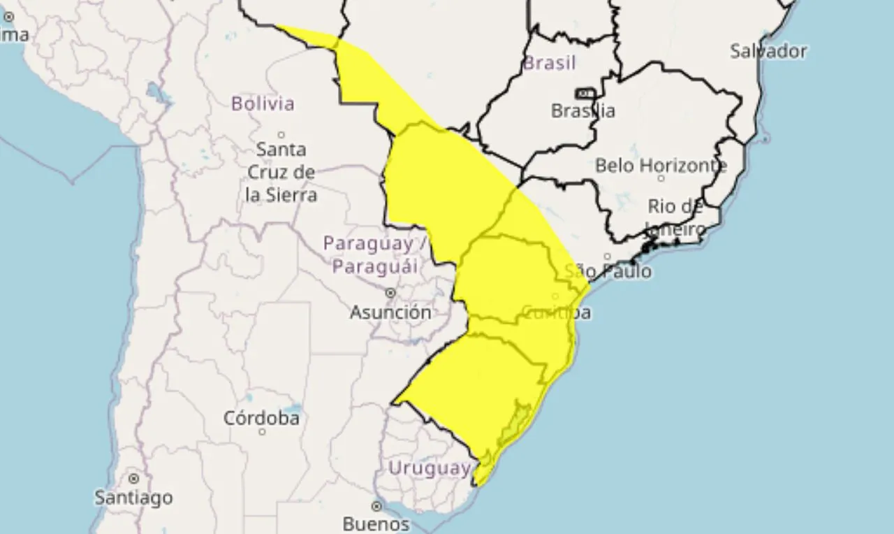 O mapa mostra as &aacute;reas em alerta para chuva intensa e ventos em &aacute;reas do centro-oeste, sudeste e sul